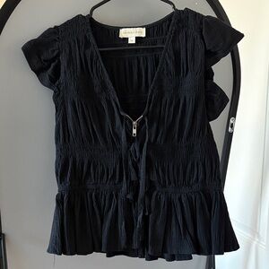 Black Ruffle V-Neck Peasant Blouse with Zip